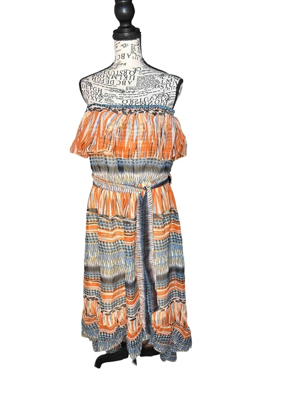 Mlle Gabrielle Boho Ruffle Neck Smocked Waist Tie Maxi Dress 2XL